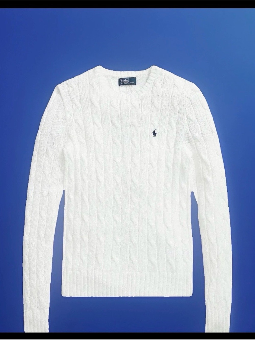 Polo by Ralph Lauren White Cable-Knit Crewneck Sweater with Navy Pony
